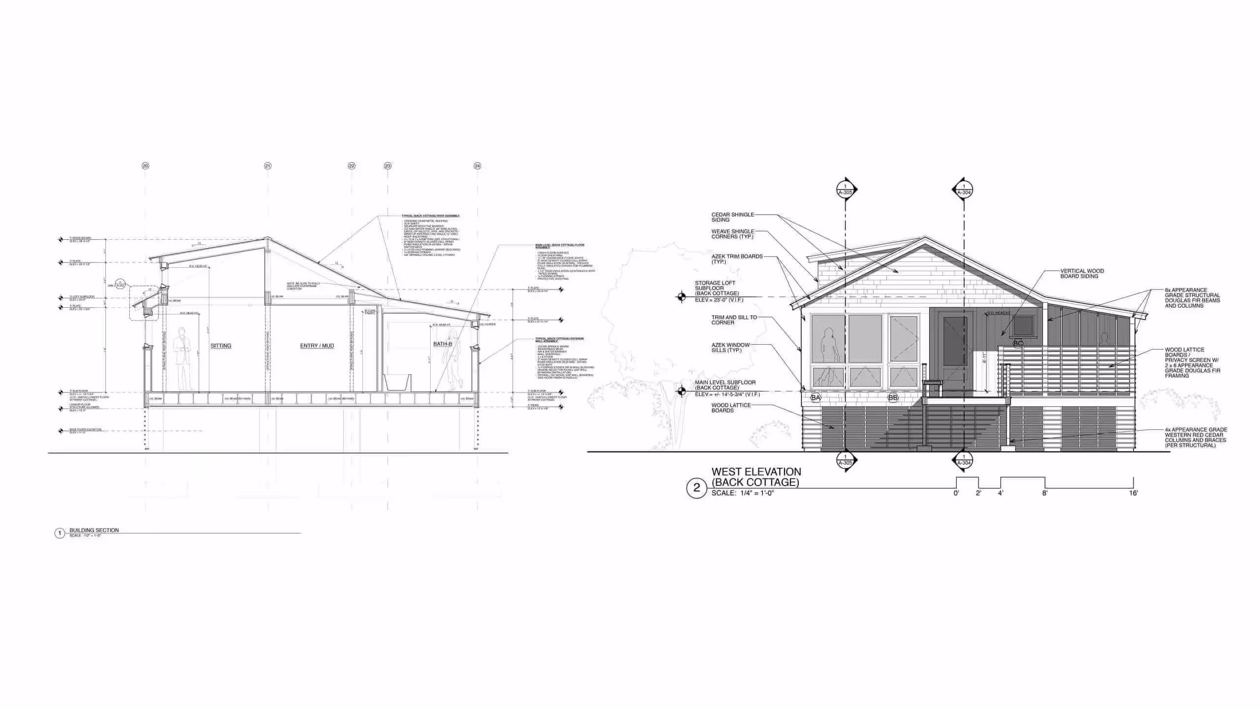 Architectural blueprint showing west elevation of a back cottage design