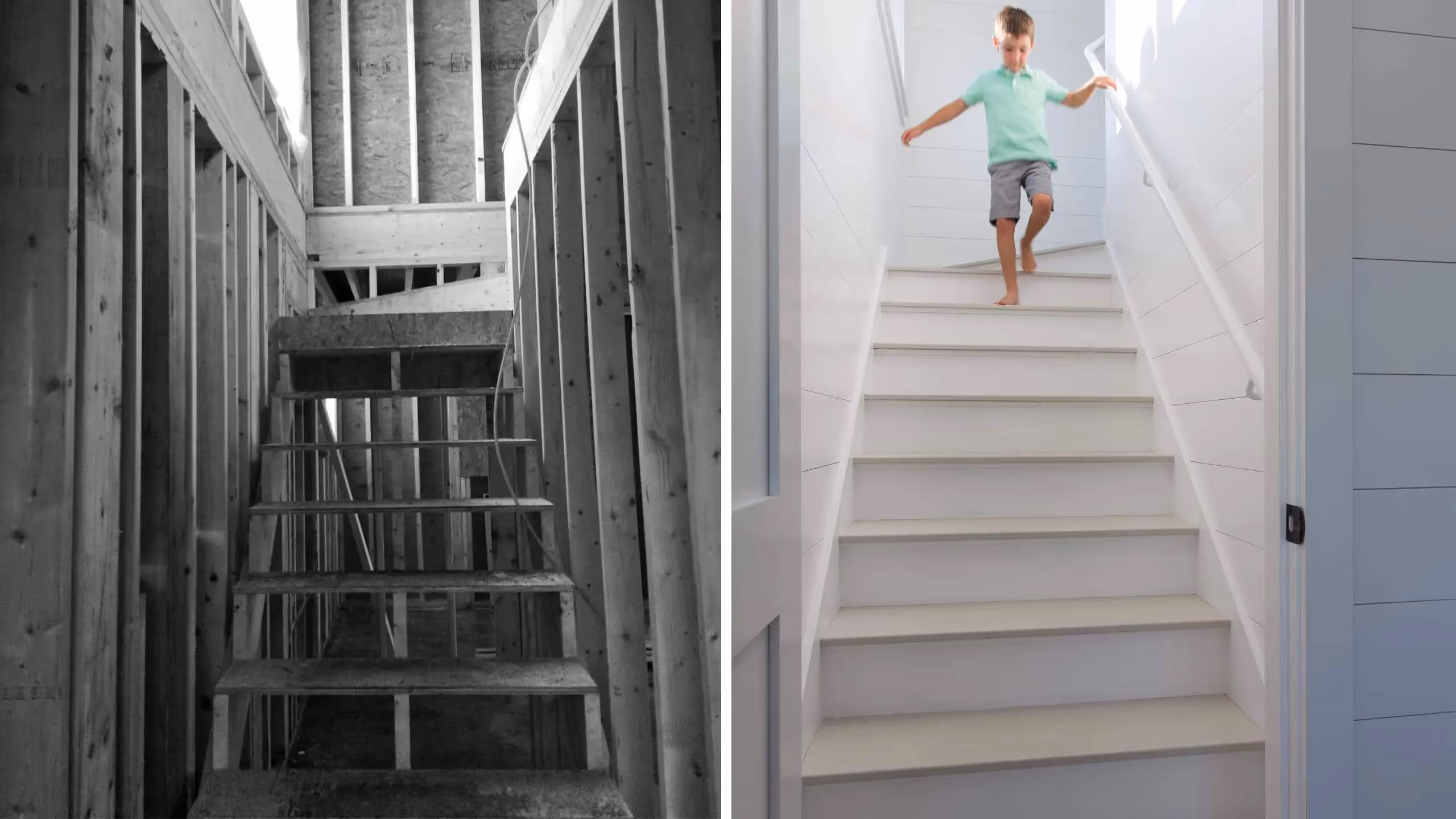 Before and after of unfinished and completed wooden staircase