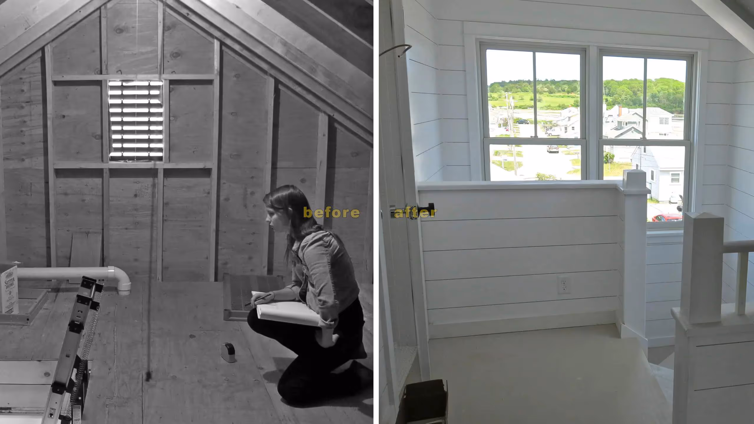 Attic renovation from unfinished space to bright, modern room with windows