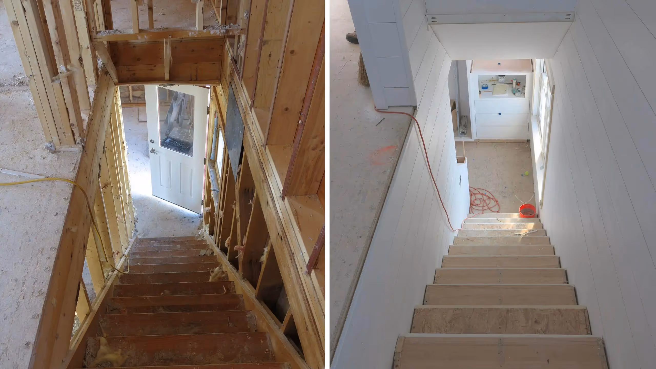 Home construction staircase showing before and after renovation stages