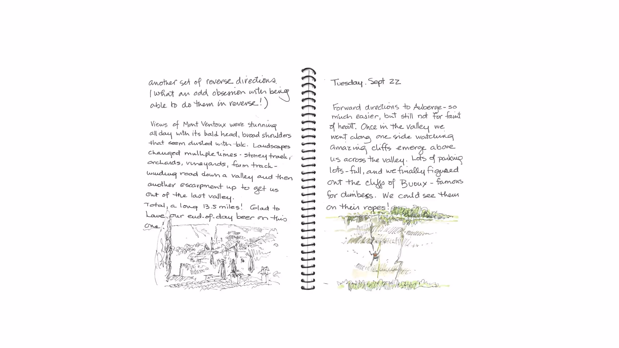 Handwritten travel journal with sketches of landscape and climbing notes