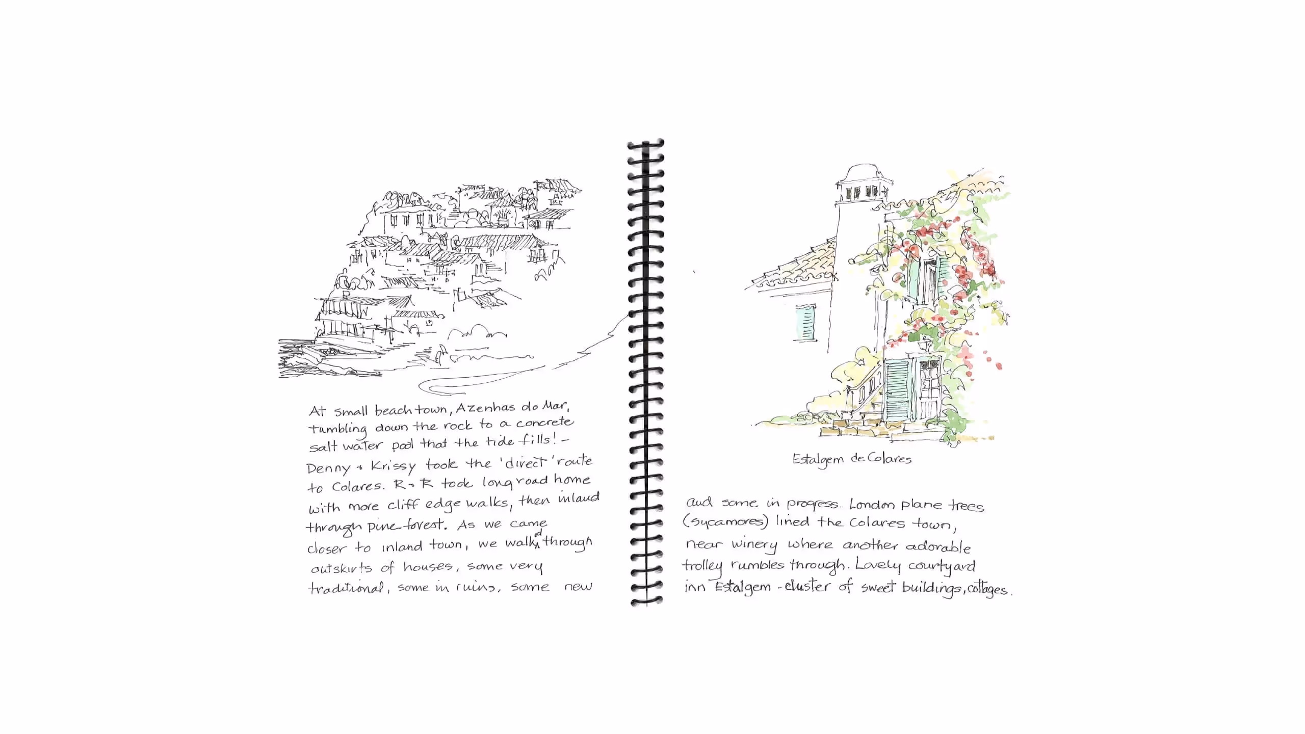 Travel journal sketch of a coastal town with handwritten notes