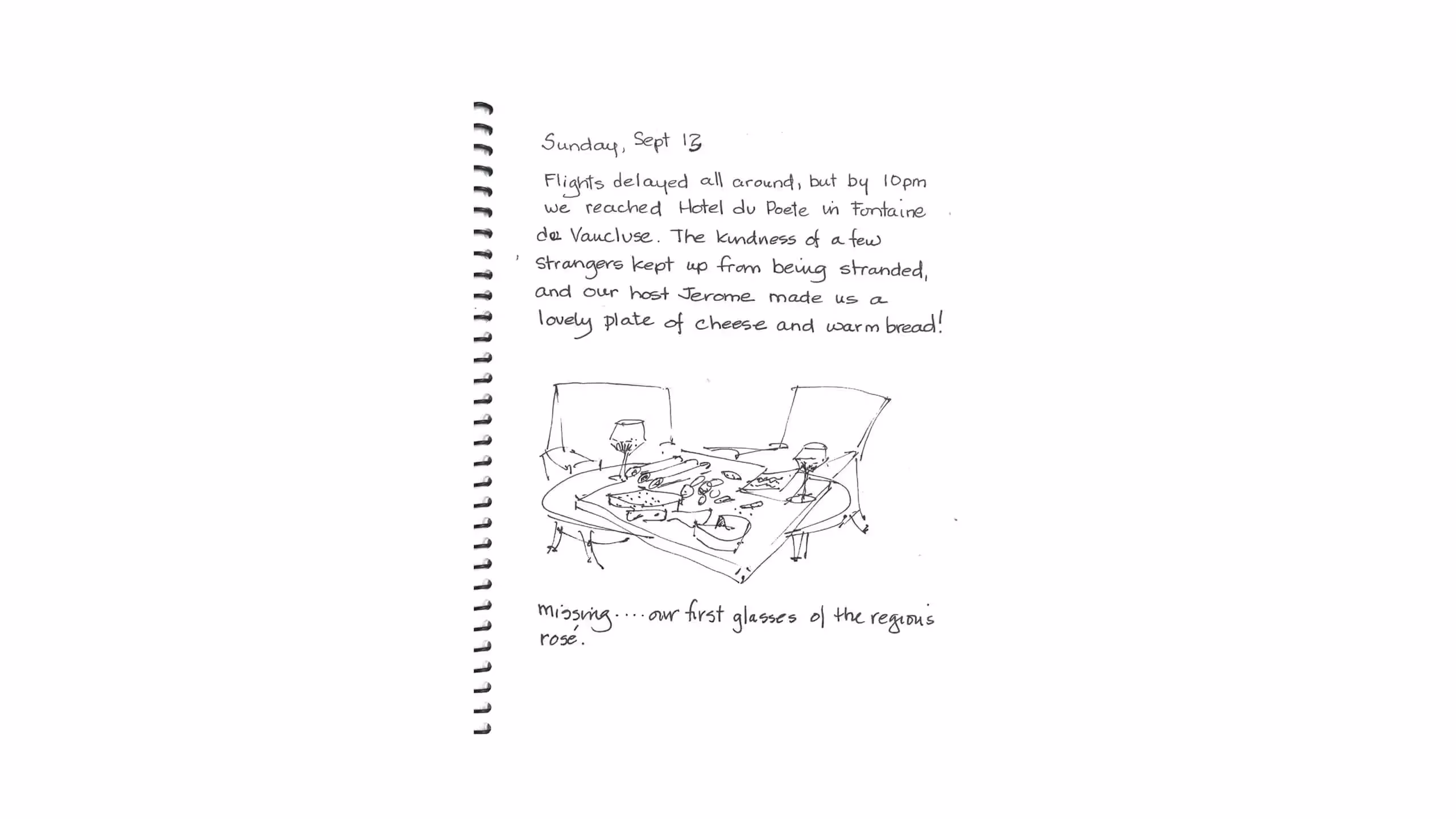 Handwritten journal entry with sketch of dining table and travel story