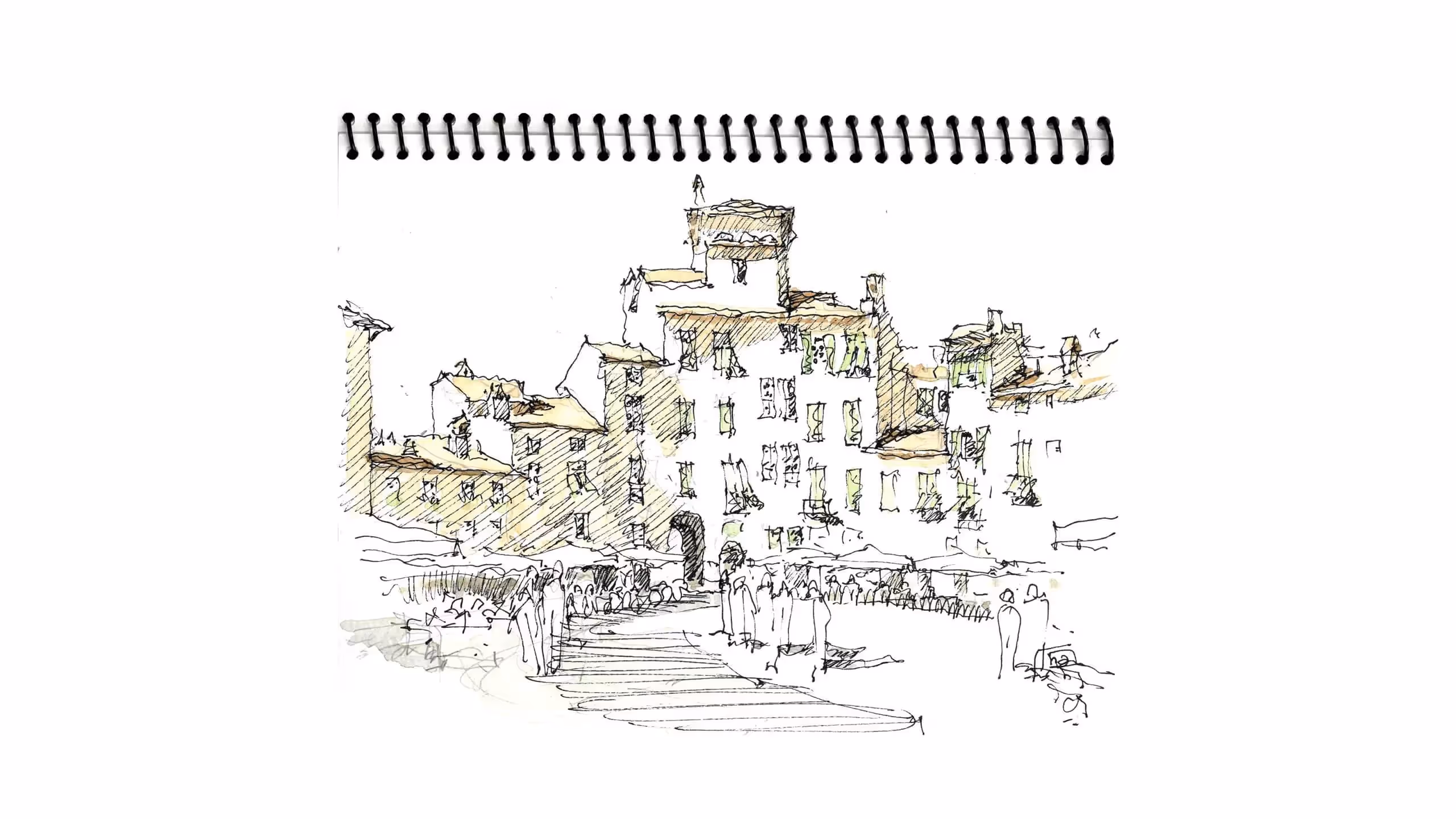 Sketch of historic town with buildings and people on winding street