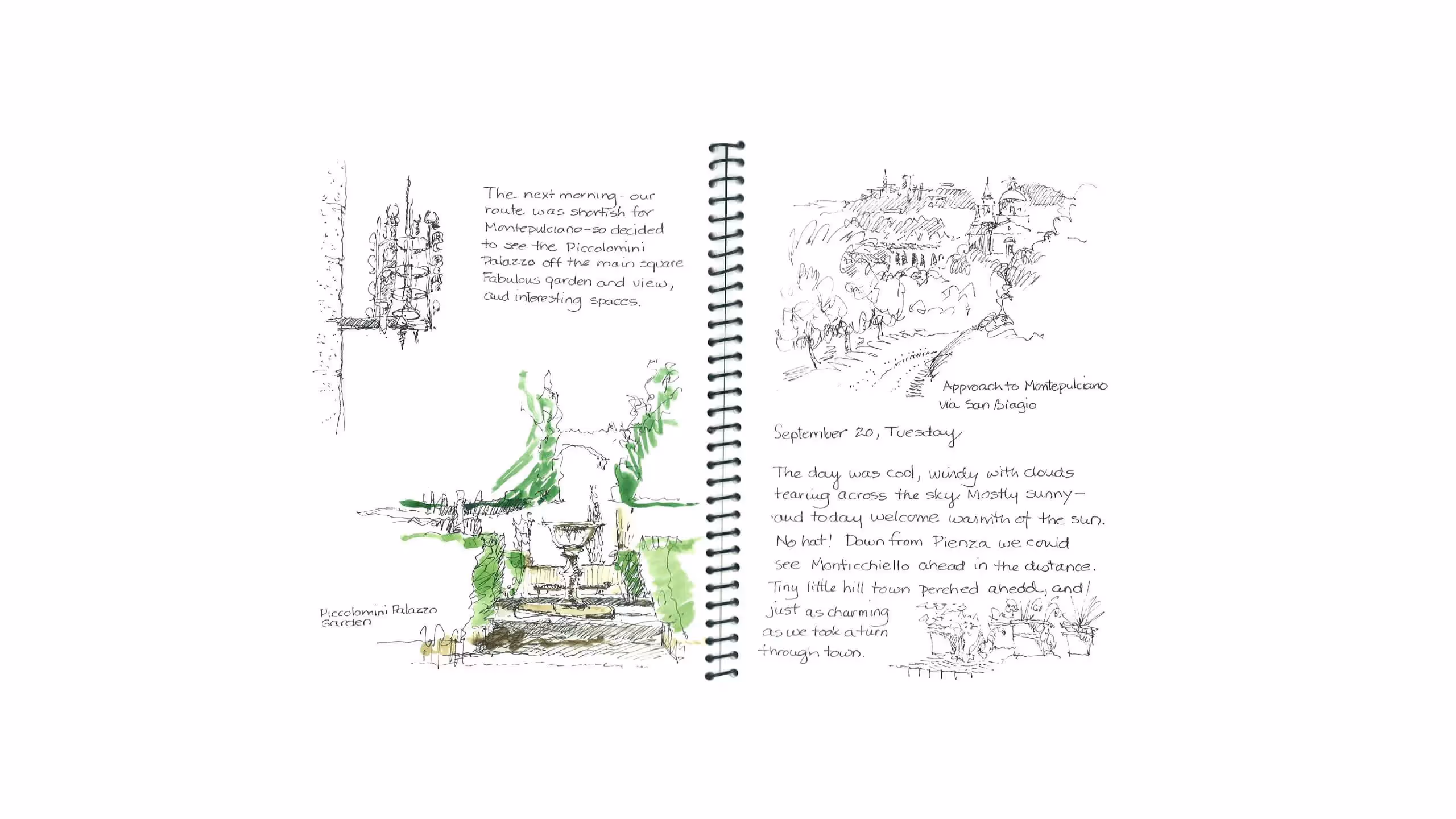 Sketchbook page with travel drawings of Montepulciano's landscapes and gardens