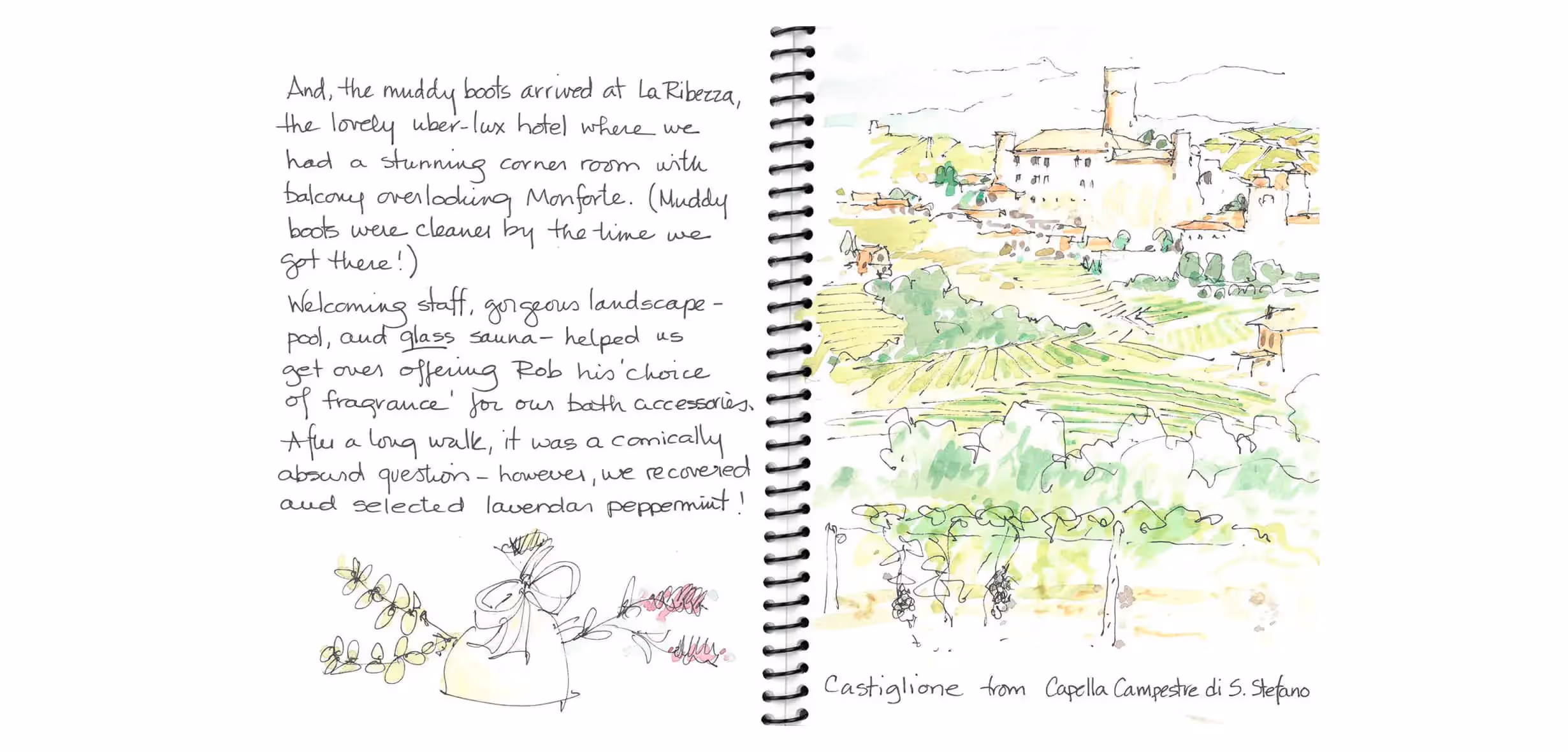 Watercolor sketch of Italian landscape with vineyards and village buildings