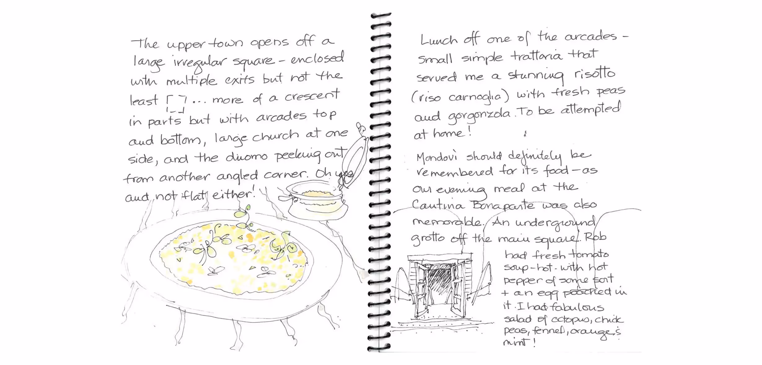 Travel journal with handwritten notes and sketches of food and architecture