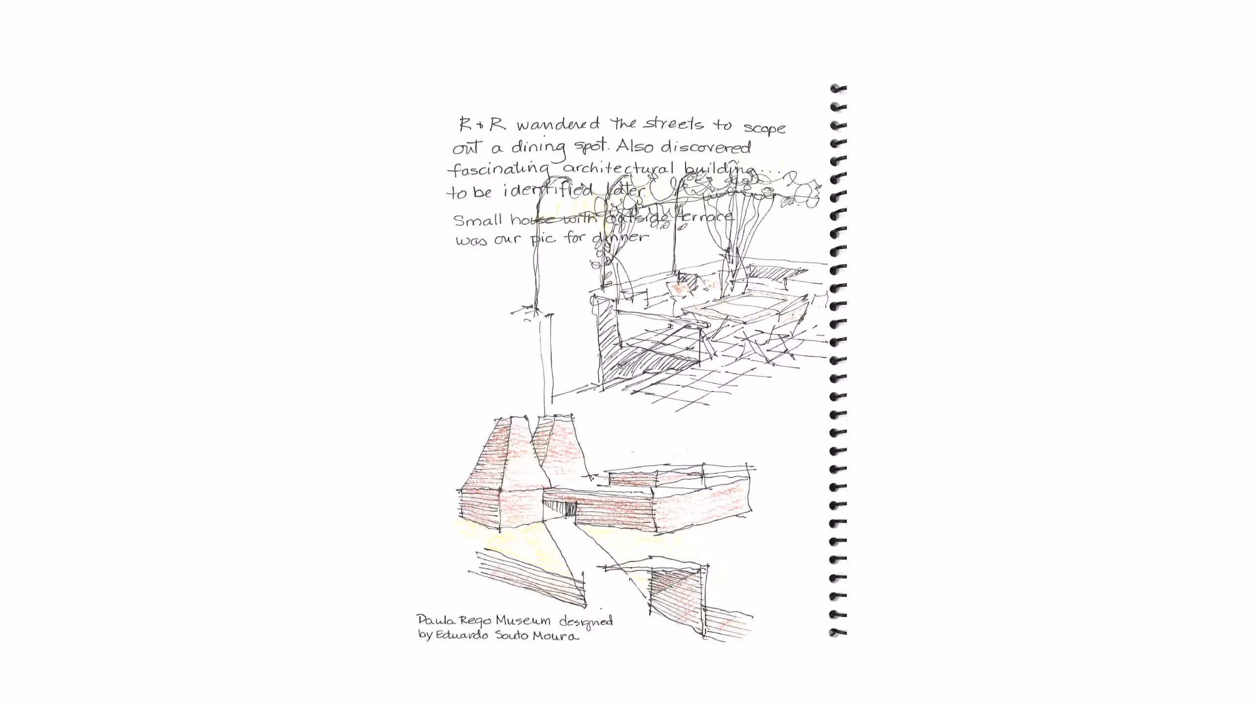 Architectural sketch of Paula Rego Museum with trees and seating area