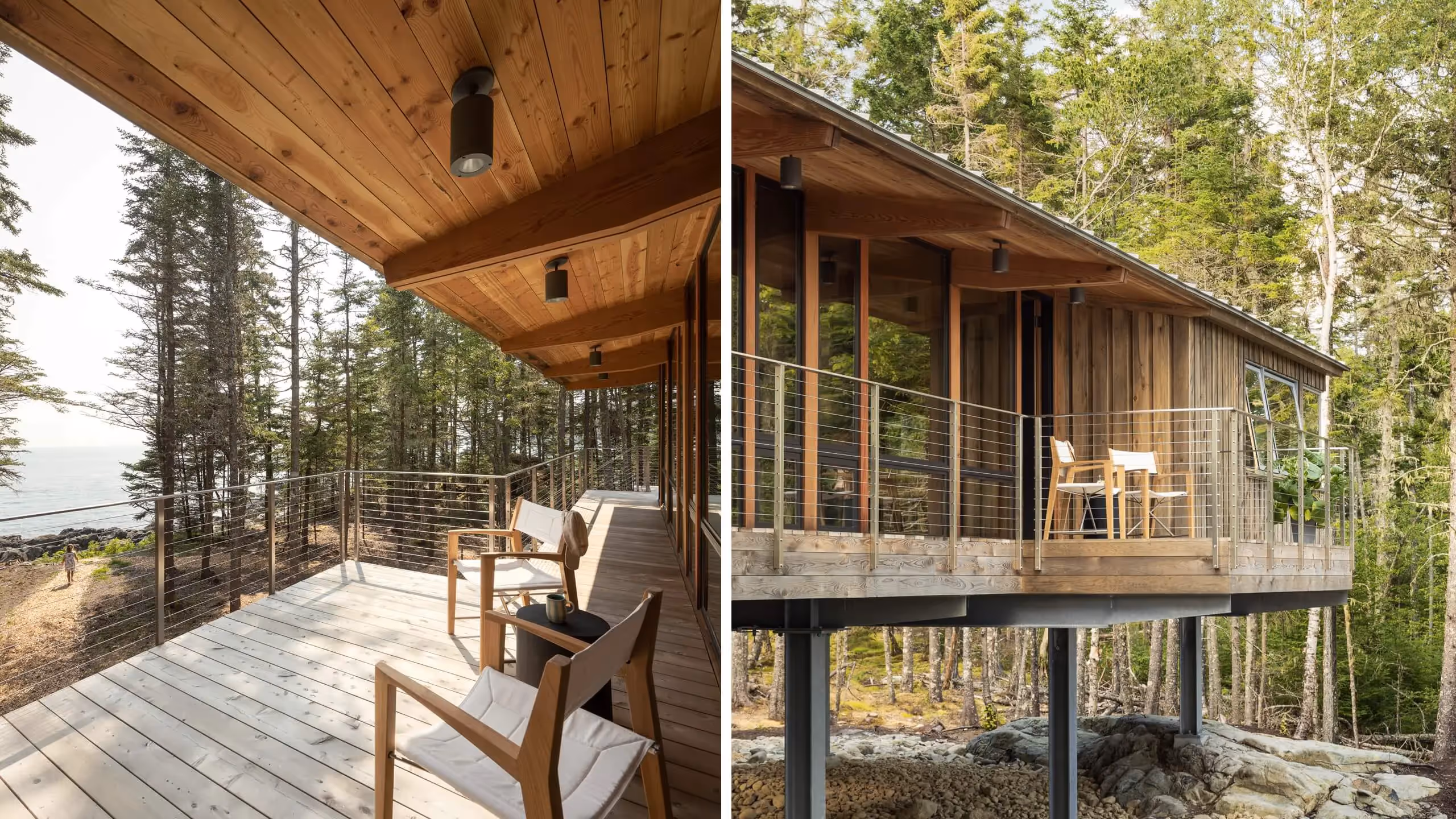 Modern wooden cabin on stilts with deck overlooking forested coastal landscape