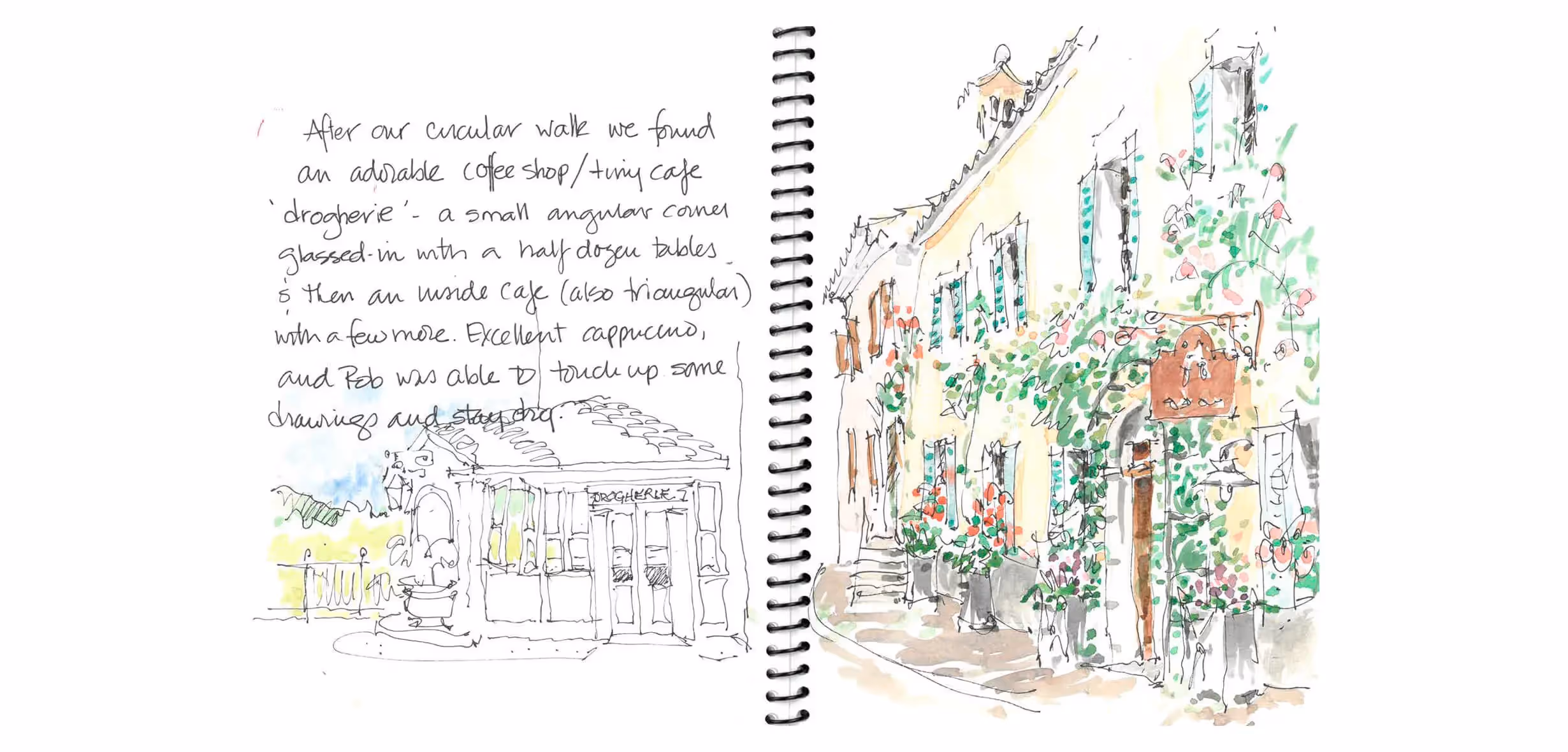 Watercolor sketch of a charming cafe and street with lush greenery