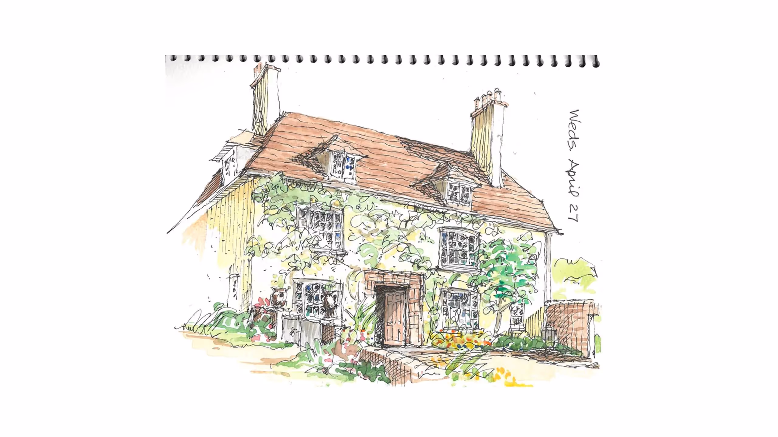 Charming cottage with ivy-covered walls and red tile roof sketch