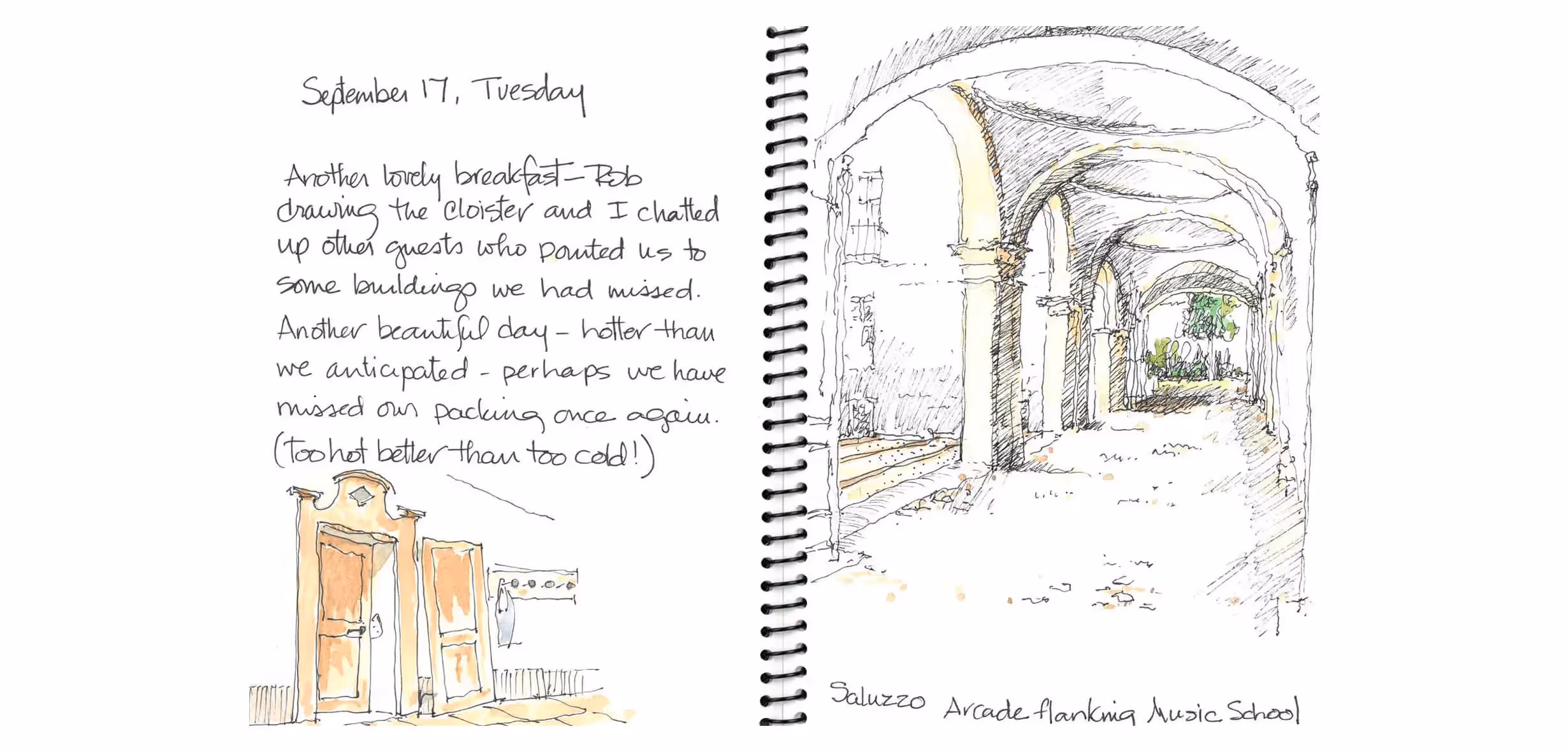 Sketch of arched hallway and doors in Saluzzo, Italy on Tuesday