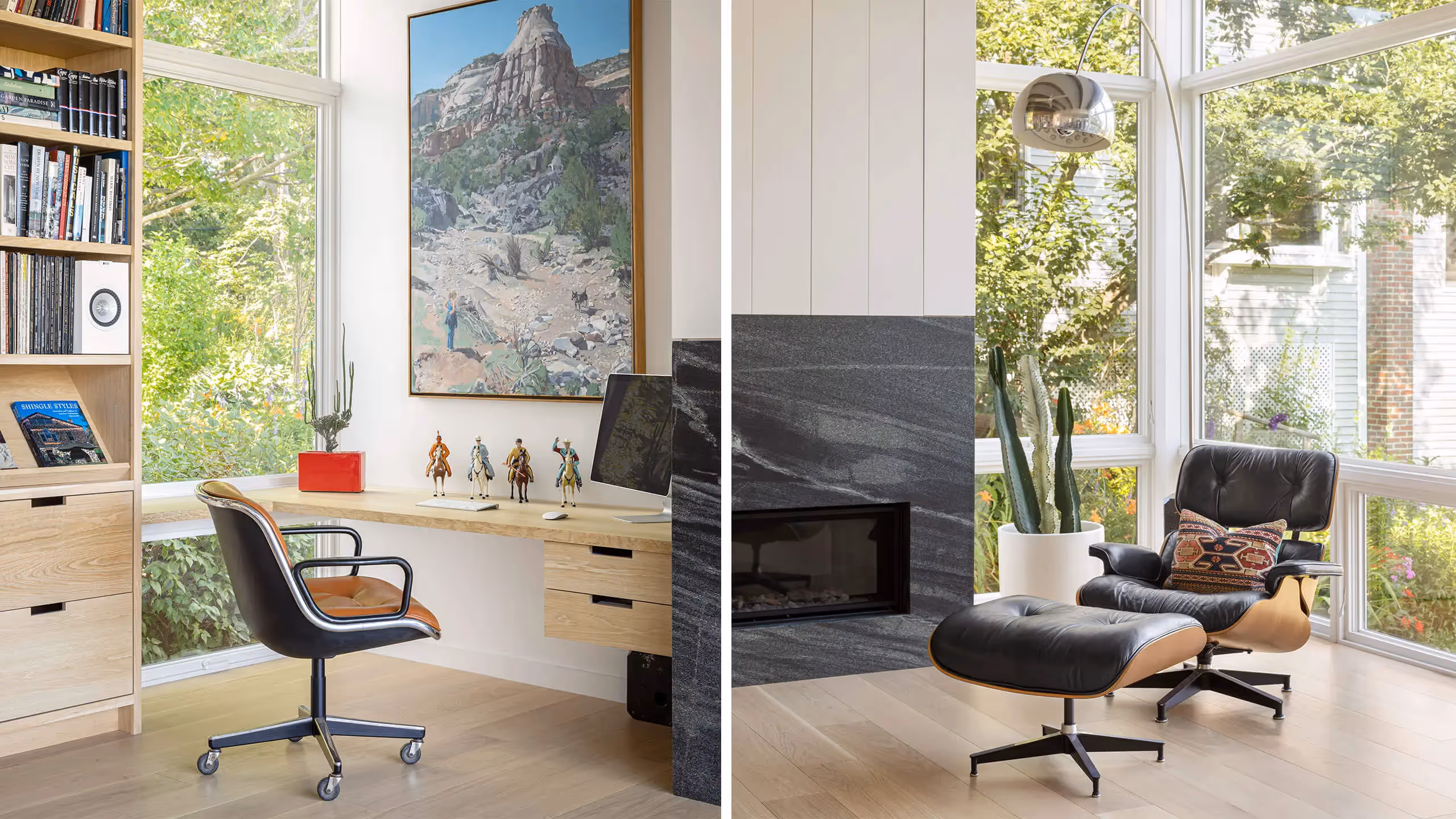 Modern home office with nature view, artwork, and iconic Eames chair