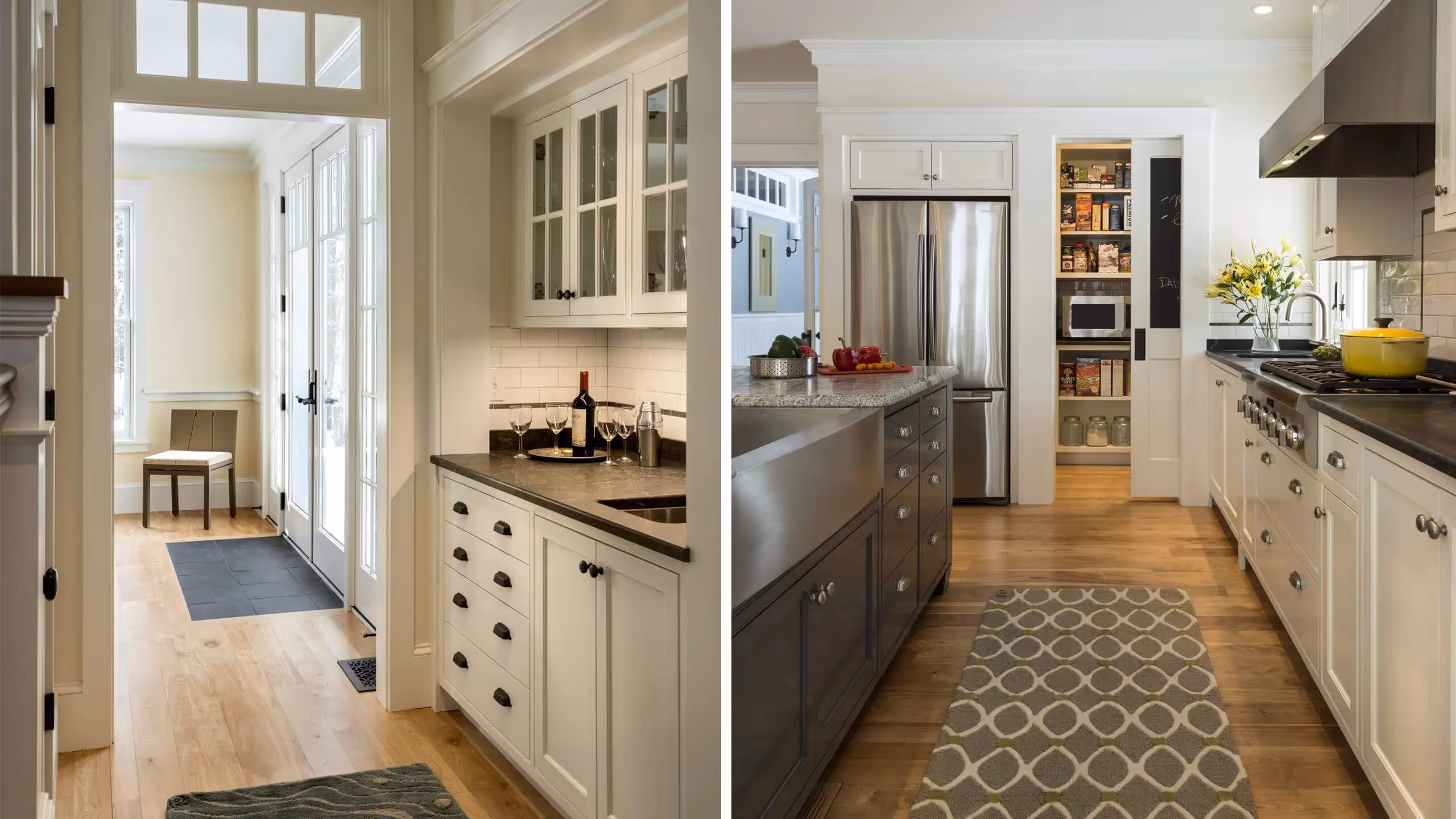 Modern kitchen with white cabinets, gray island, and wooden floor