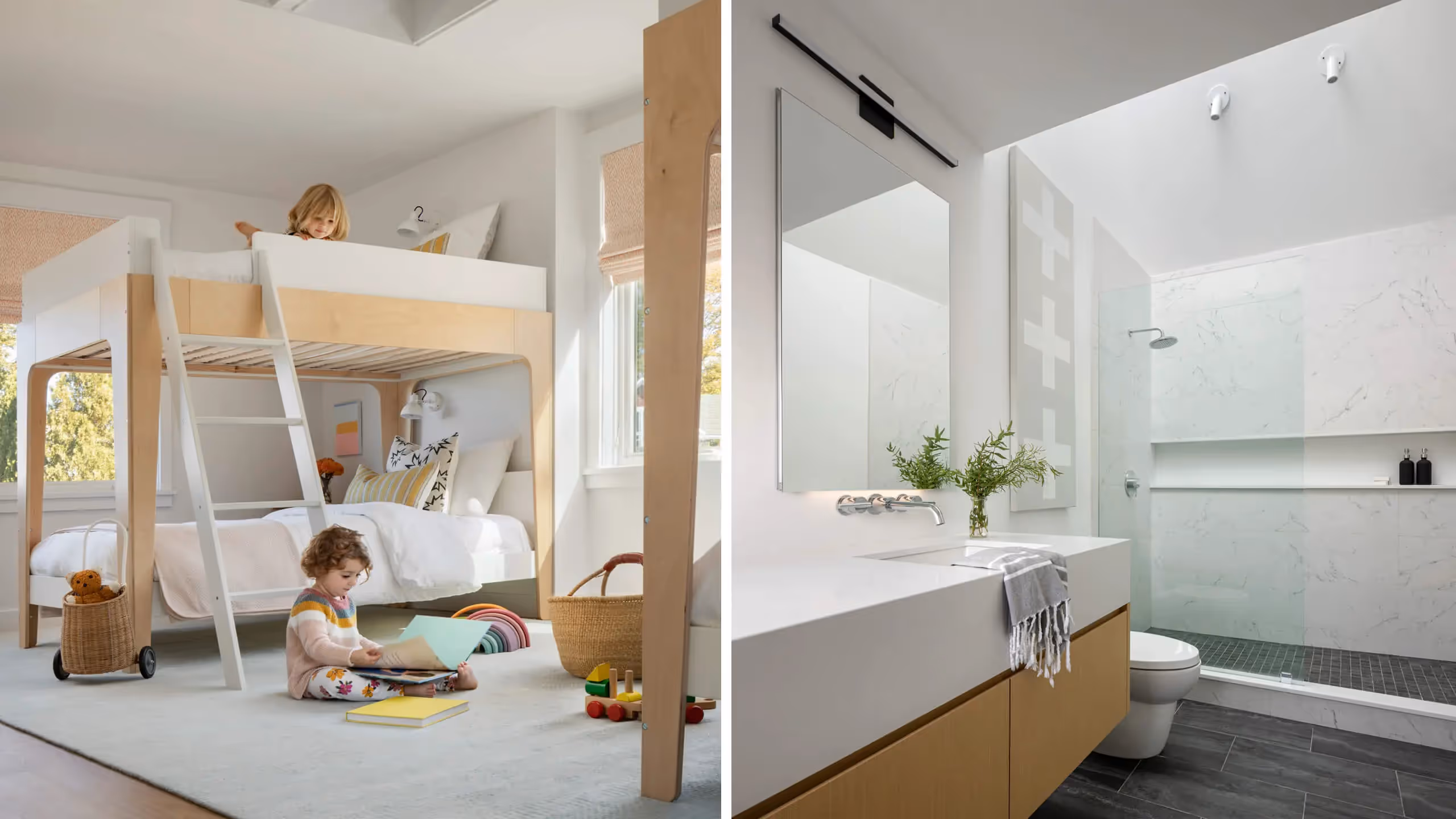 Modern children's bedroom with bunk bed and minimalist bathroom