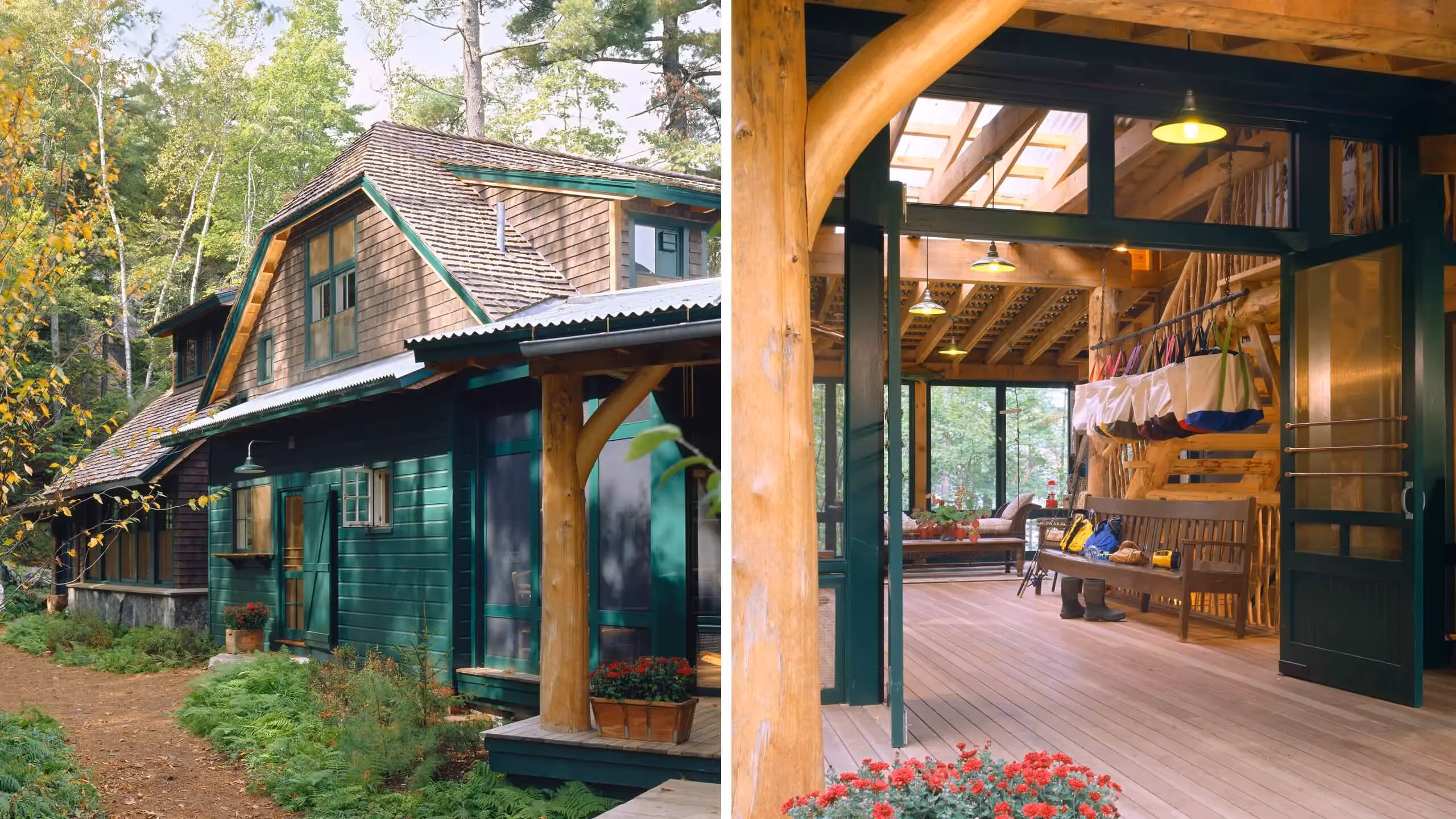 Rustic wooden cabin with green trim nestled in forest, interior porch visible