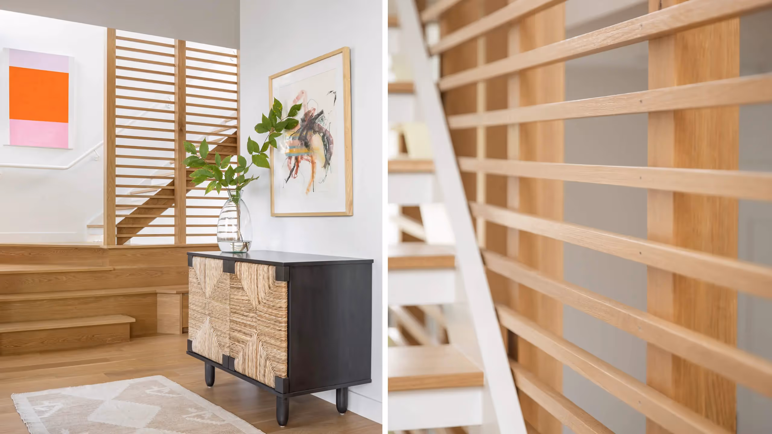 Modern wooden staircase with minimalist design and artistic decor