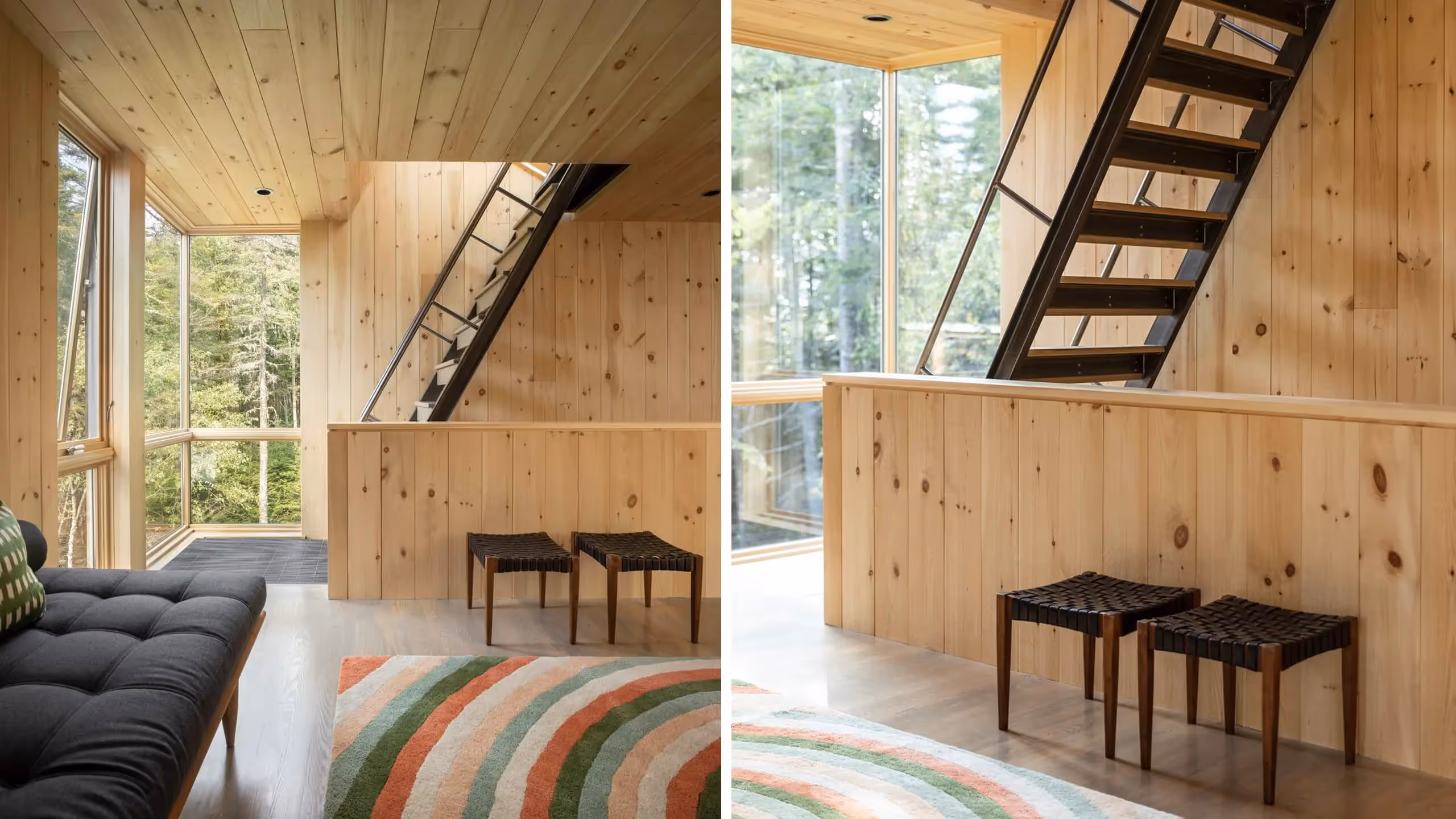 Minimalist wooden cabin interior with black ladder and colorful rug
