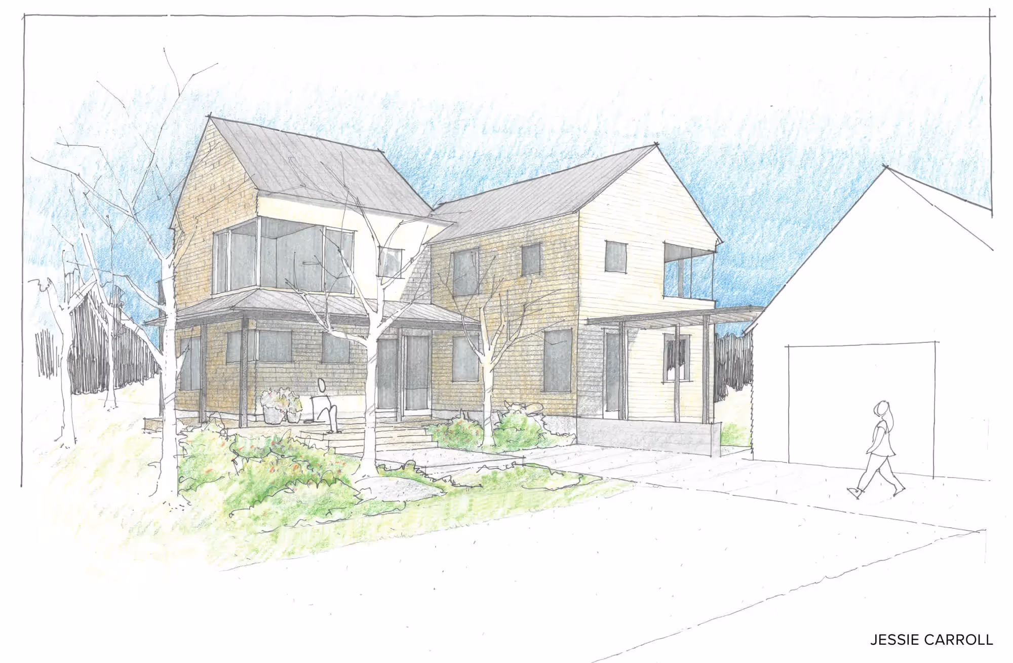 Architectural sketch of modern multi-unit house with trees and landscaping