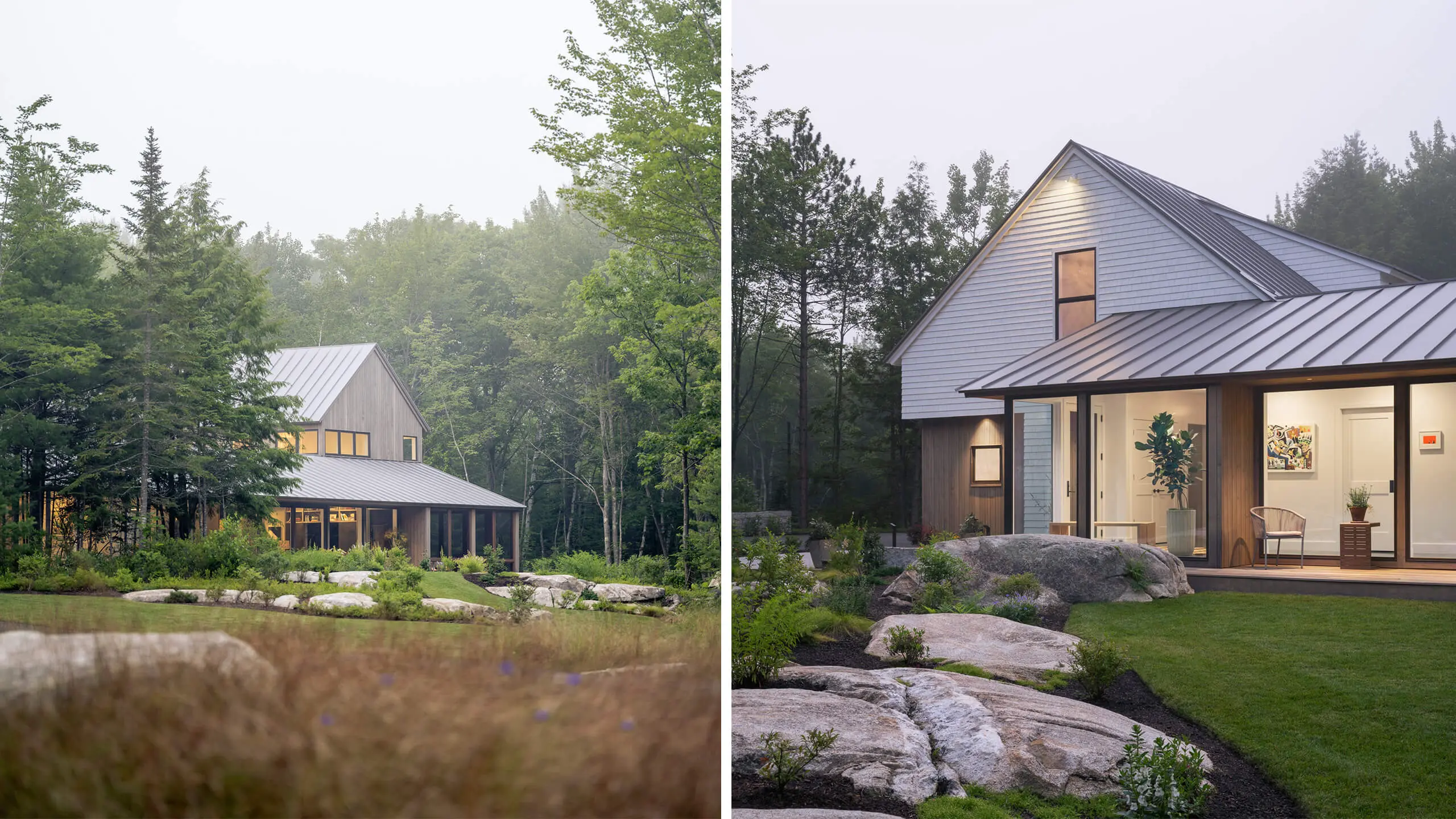 Modern house with metal roof nestled in misty forest landscape