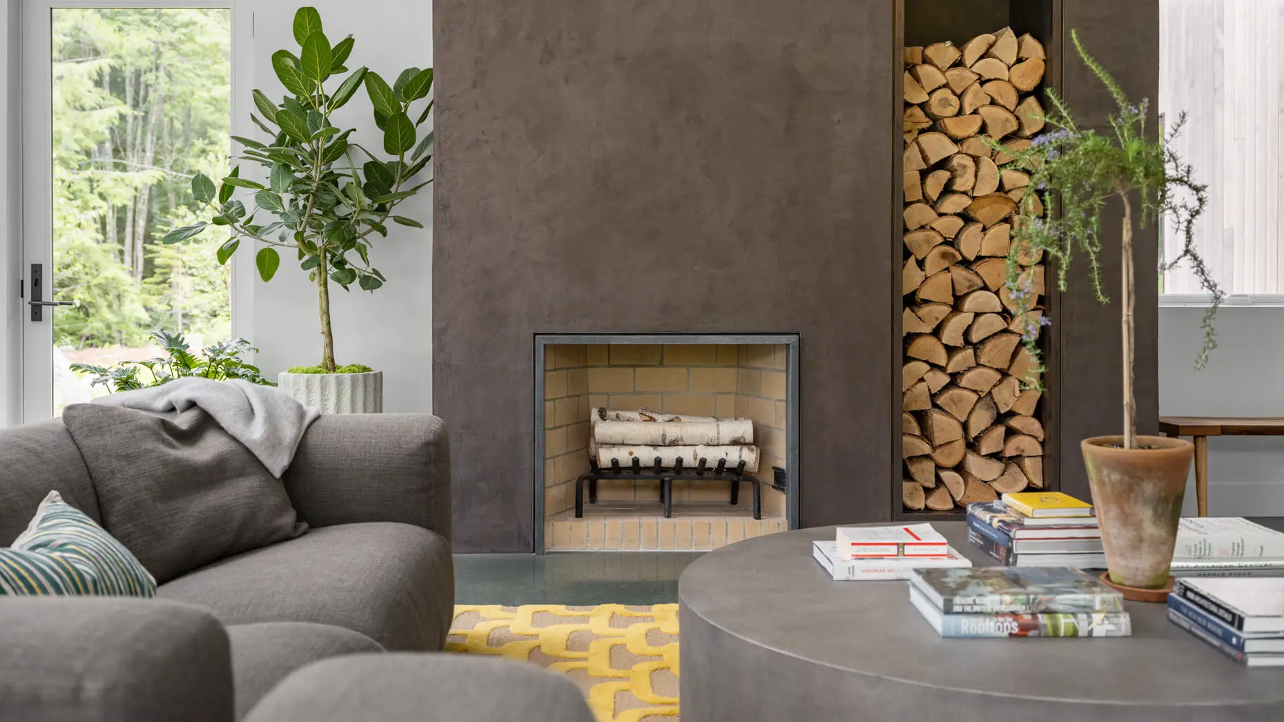 Modern living room with fireplace, plants, books, and wood storage