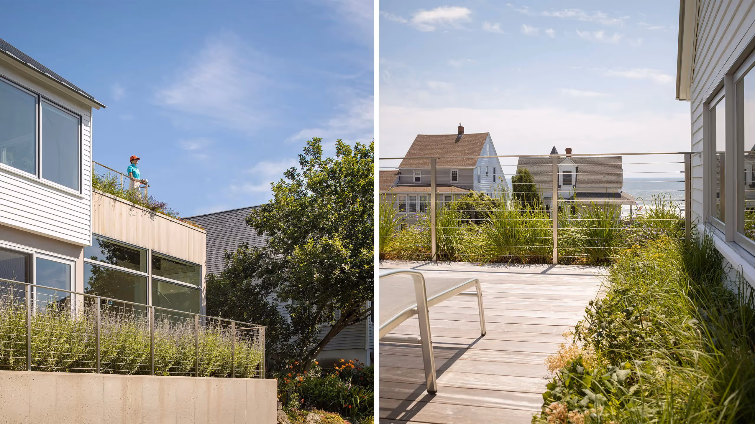 Modern beach house deck with landscaped garden and ocean view