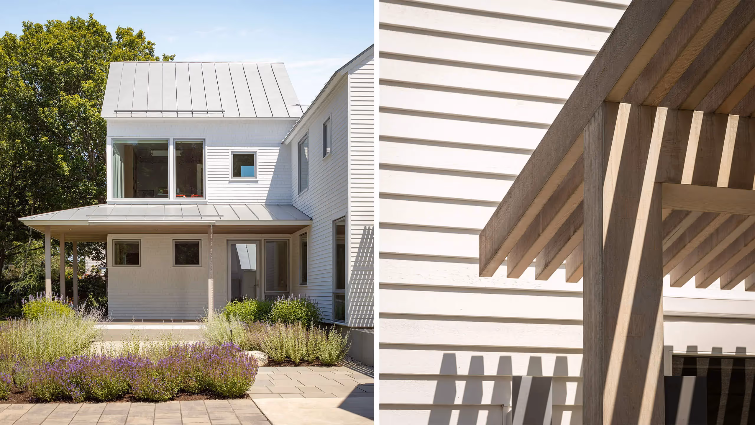 Modern white house with lavender garden and wooden architectural details