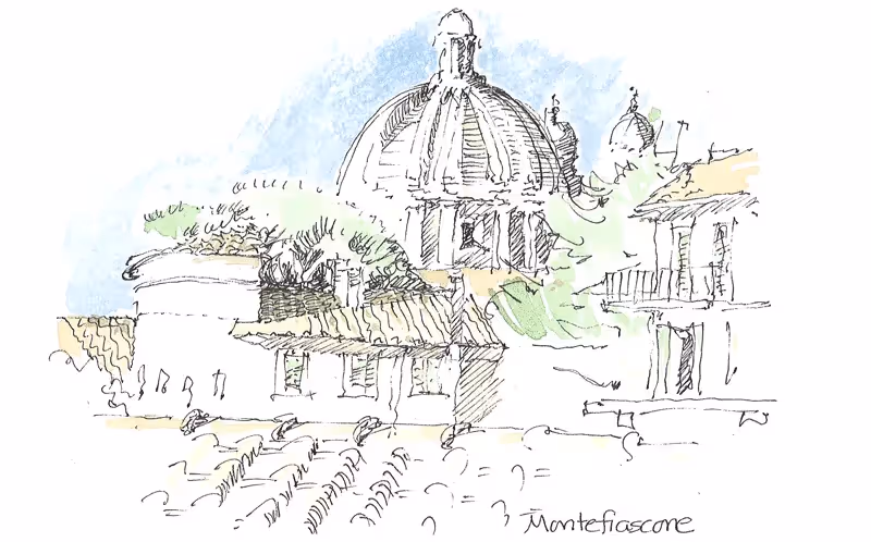 Sketch of Montefiascone architectural landscape with domed building and trees