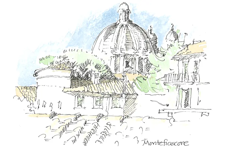 Sketch of Montefiascone architectural landscape with domed building and trees
