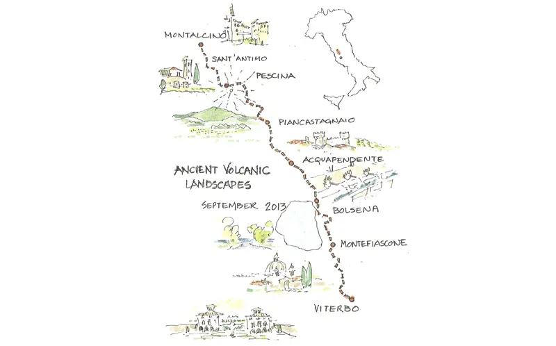 Hand-drawn map of ancient volcanic landscapes in Italy, September 2013