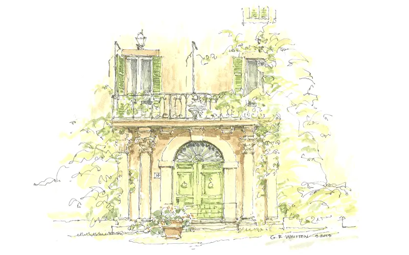 Watercolor sketch of an old European-style building with green shutters and foliage
