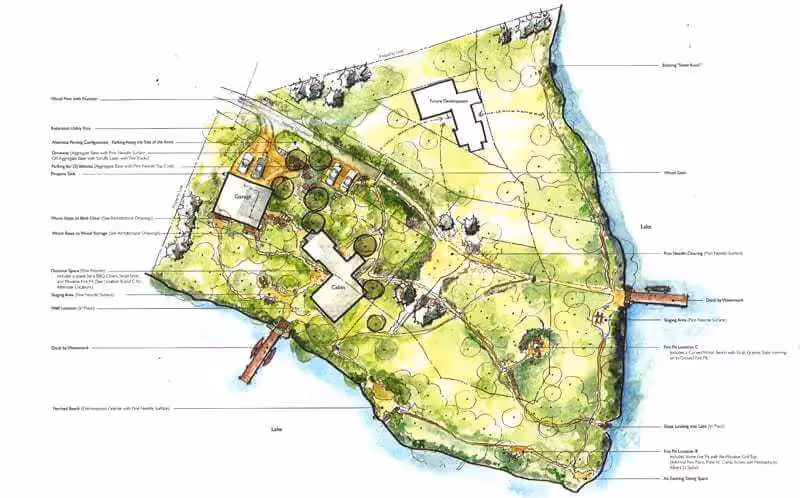 Landscape architecture plan with buildings, trees, and waterfront details