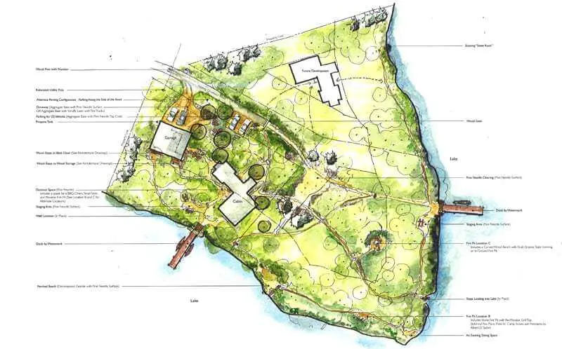 Landscape architecture plan with buildings, trees, and waterfront details