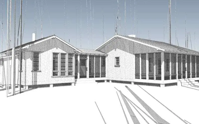 White wooden beach cottages with large windows and tall radio towers