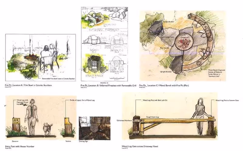 Architectural sketches and drawings of landscape, structures, and human interactions