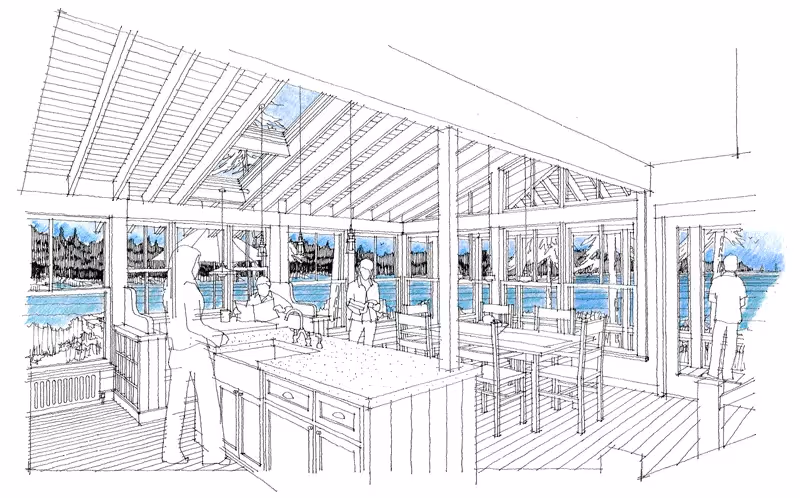 Architectural sketch of an open-plan kitchen and dining area with lake view
