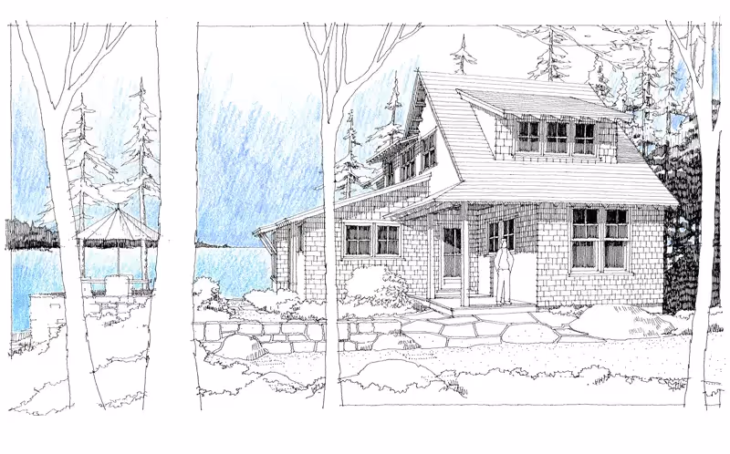 Lakeside wooden cabin with porch, trees, and stone pathway sketch