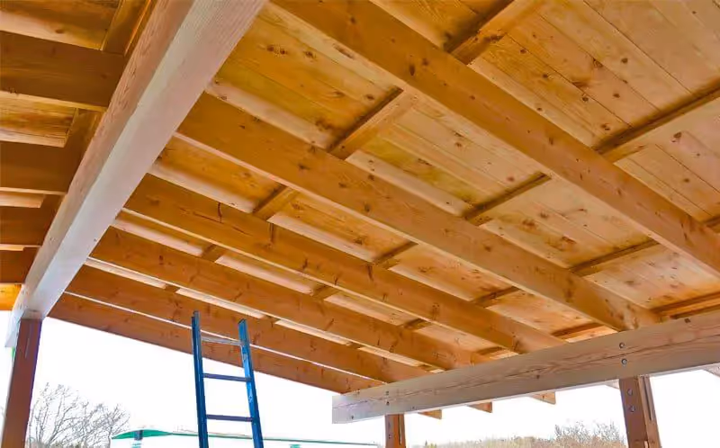Wooden roof construction with exposed beams and blue ladder