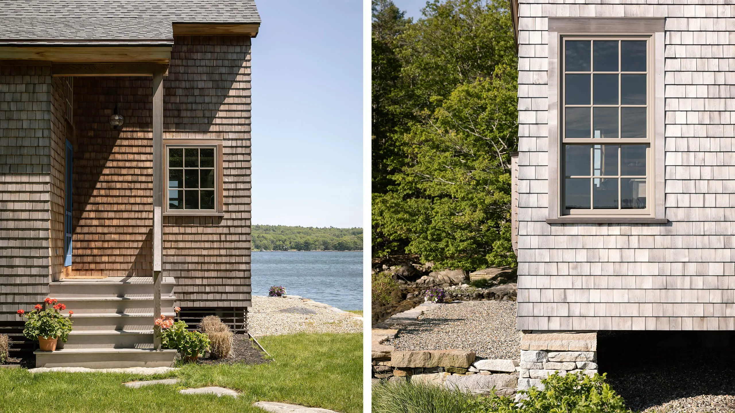 Coastal shingle-sided house with lake view and rocky shoreline landscape