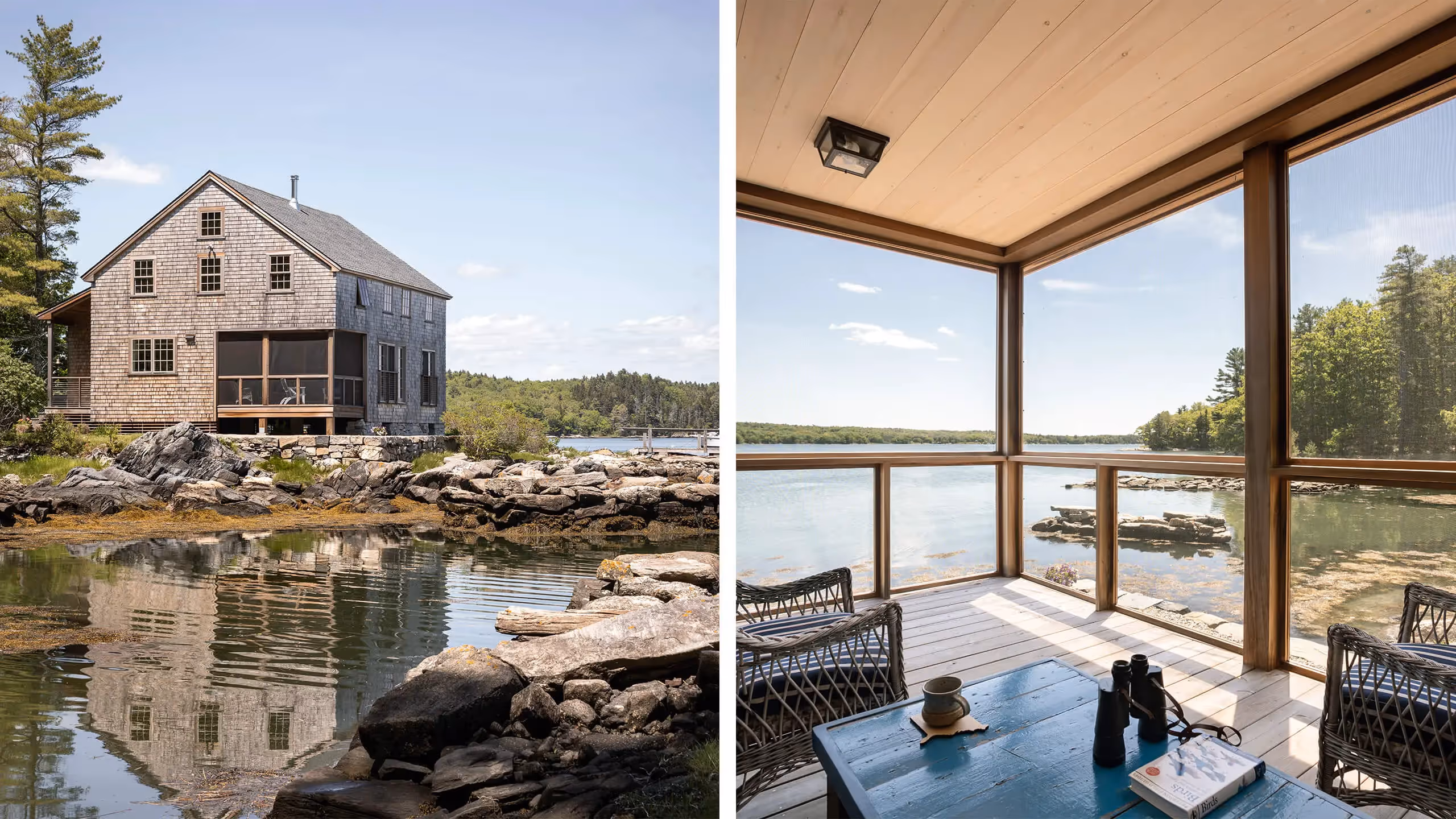 Rustic wooden cabin on rocky shoreline with serene lake view