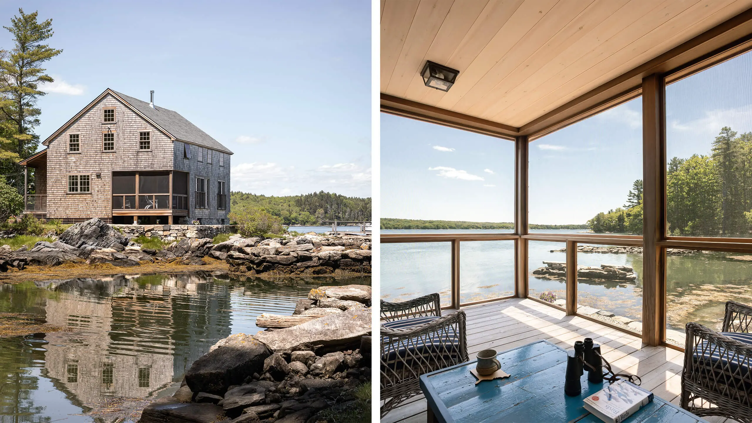 Rustic wooden cabin on rocky shoreline with serene lake view