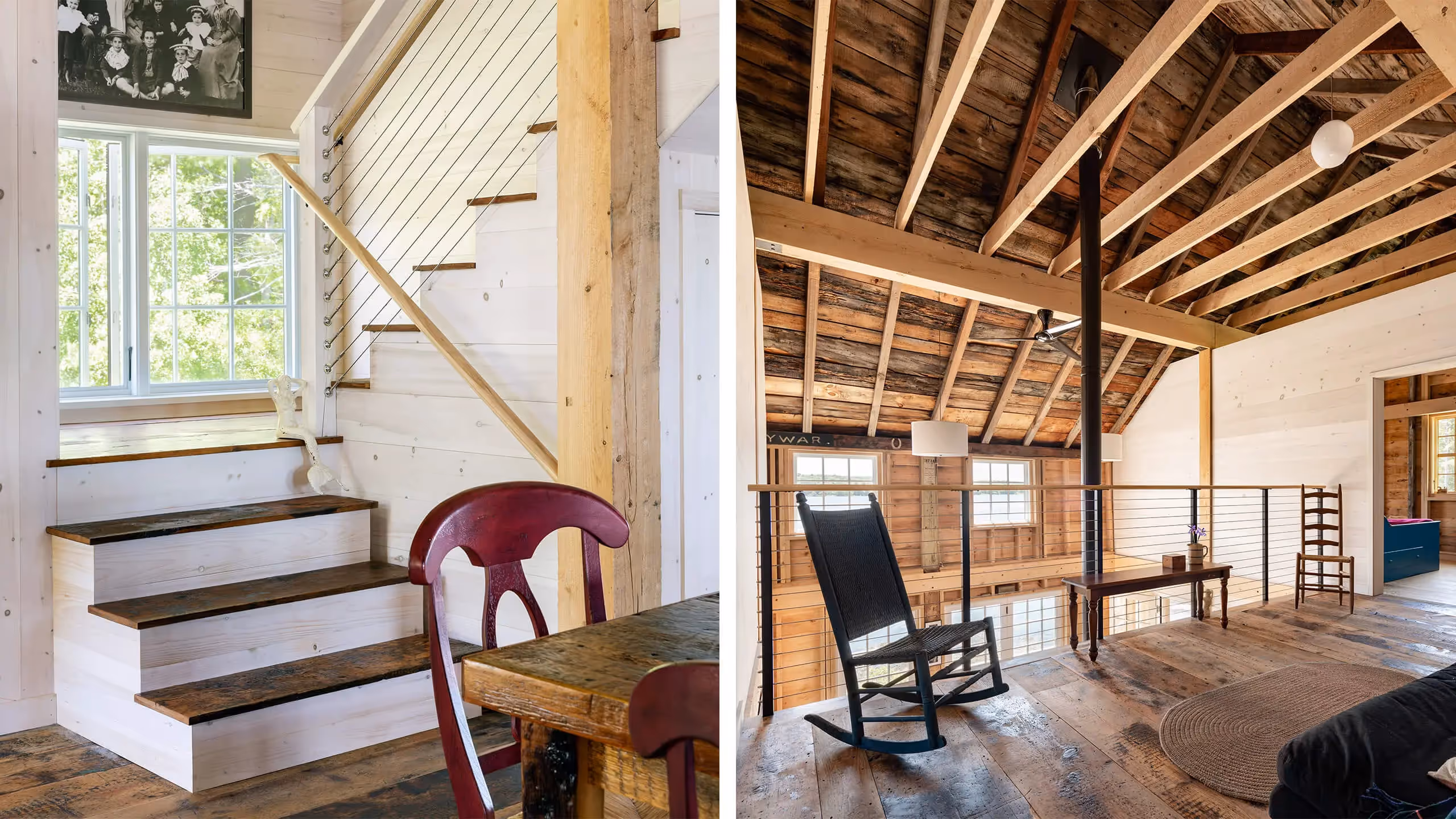 Rustic wooden interior with stairs, rocking chair, and exposed beams