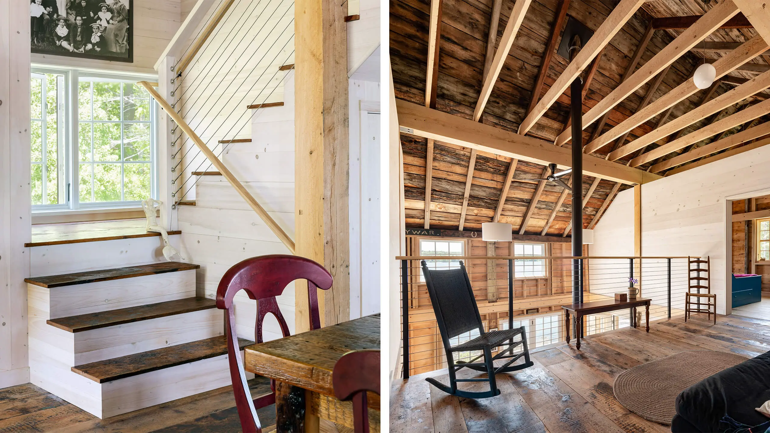 Rustic wooden interior with stairs, rocking chair, and exposed beams