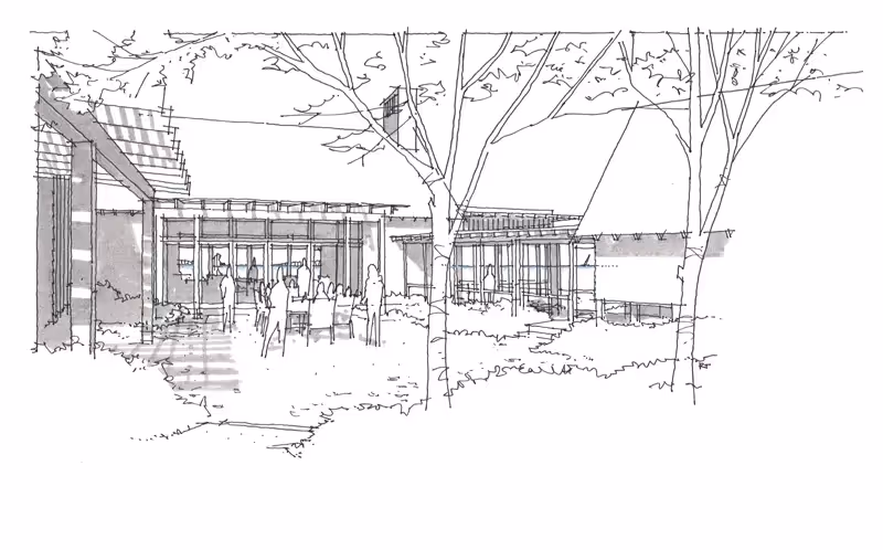 Architectural sketch of modern building with trees and outdoor seating area