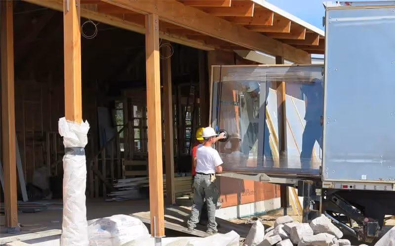 Construction worker installing large window at building site with wooden frame