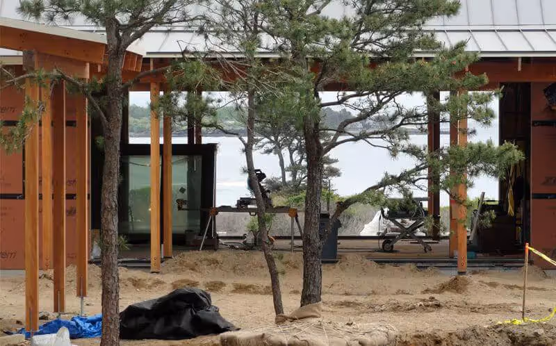 Construction site with pine trees, wooden structure, and sandy ground