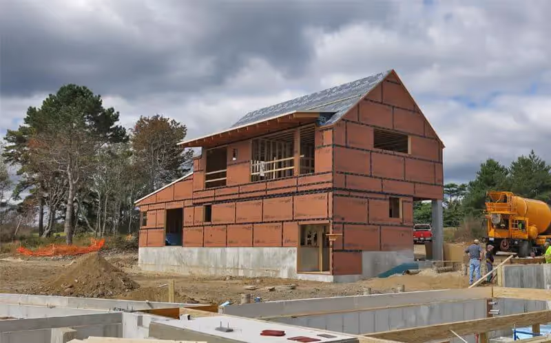Brick building under construction with concrete foundation and cement truck