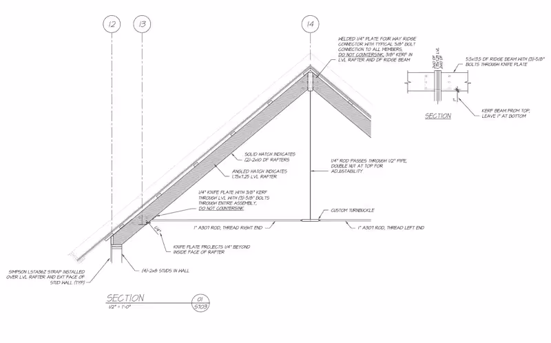 Architectural roof framing section detail with technical construction annotations