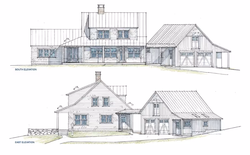Architectural blueprint of farmhouse with garage, showing south and east elevations