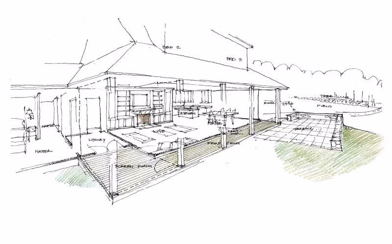 Architectural sketch of a modern open-plan house with interior spaces